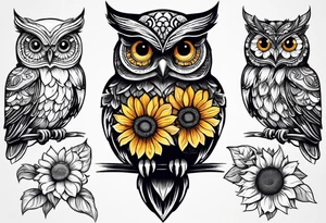 Small owl with sunflowers and butterflies arm sleeve tattoo idea