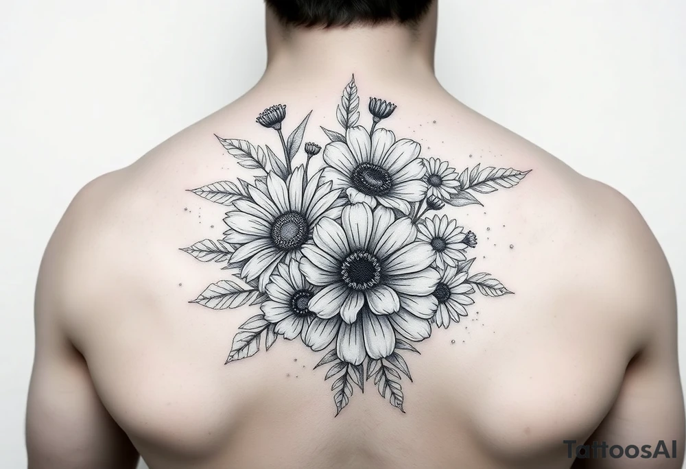 Flower bouquet with chrysanthemum, poppy, cosmo, daisy tattoo idea