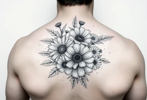Flower bouquet with chrysanthemum, poppy, cosmo, daisy tattoo idea