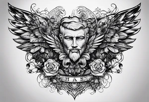mens chest tattoo with 4 leaf clovers on the collar bone, wings on the shoulders and two faces on in the middle with shading tattoo idea