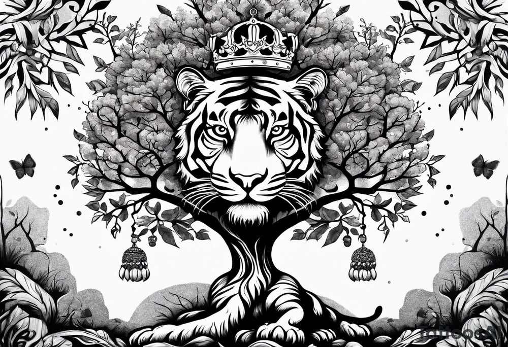 Tree of life with a tiger and a crown tattoo idea