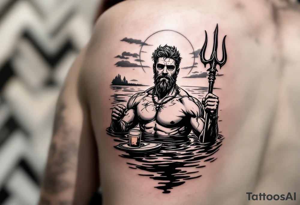 young, happy, fit, short hair, poseidon in calm water, holding a trident, drinking a beer, with sunset, with ski boat, with sunglasses tattoo idea