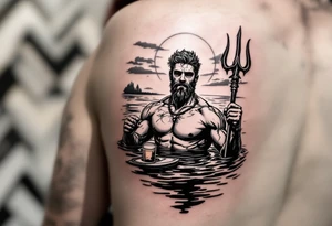 young, happy, fit, short hair, poseidon in calm water, holding a trident, drinking a beer, with sunset, with ski boat, with sunglasses tattoo idea