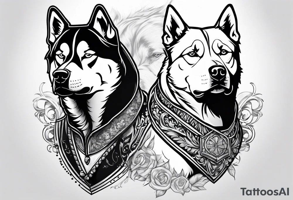 husky and pitbull facing away tattoo idea