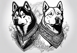 husky and pitbull facing away tattoo idea