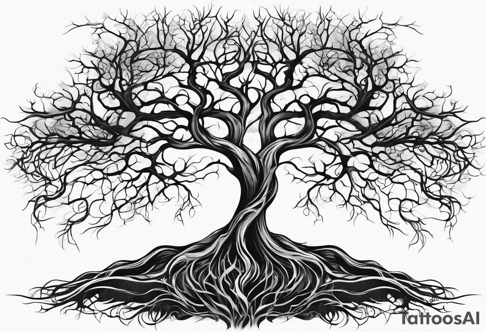 twisted leafless tree with long roots and branches stencil for chest and collar bone. symmetrical tattoo idea