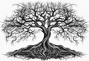 twisted leafless tree with long roots and branches stencil for chest and collar bone. symmetrical tattoo idea