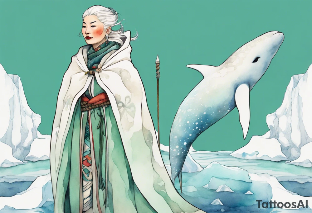 a 40-year-old Sami woman with white  hair wearing a white and mint cloak standing on an iceberg with one narwhal in the background tattoo idea