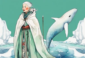a 40-year-old Sami woman with white  hair wearing a white and mint cloak standing on an iceberg with one narwhal in the background tattoo idea