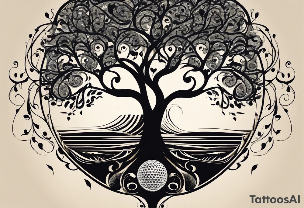 A tattoo design that incorporates the following elements: an abstract tree of life that has roots emerging  from the ground. Waves of water encapsulate the tree and wind around it in an organic way.  Incorporate music.   the letters U and A are overlapping and engraved into the tree. a golf ball incorporated but not prominent. tattoo idea