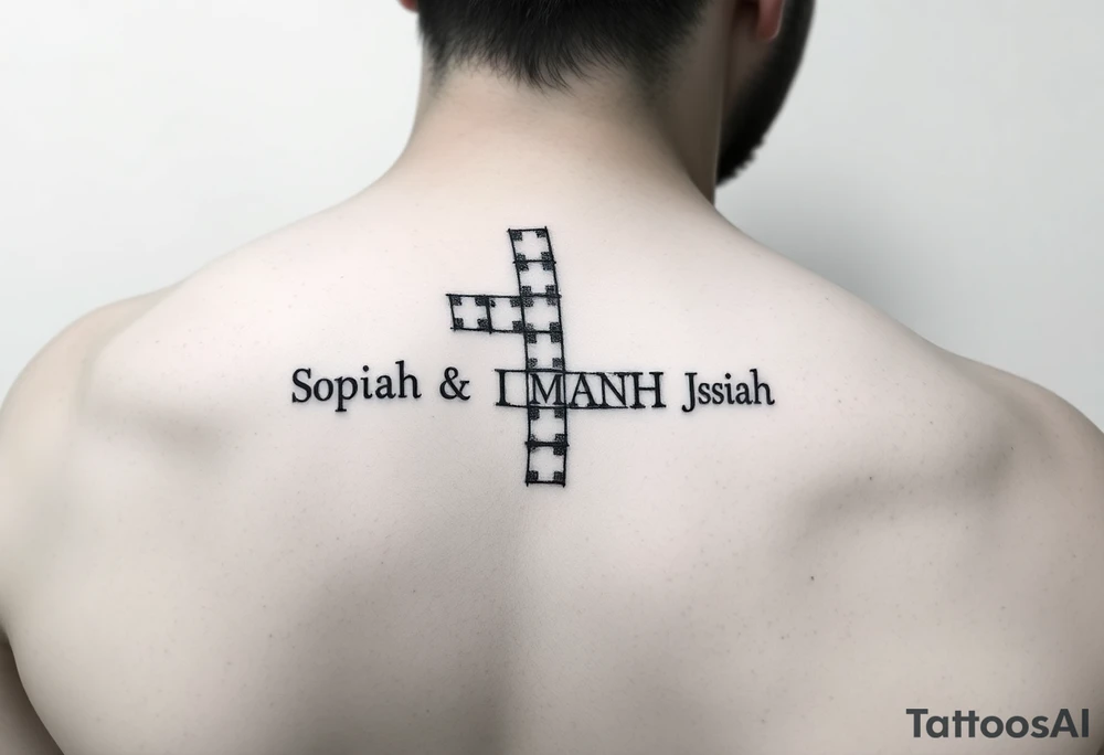 crossword style tattoo with the names 
Sophia, Elijah, Jeremiah, Isaiah, Josiah tattoo idea