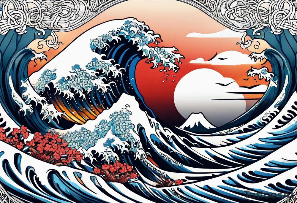 japanese wave mixed in celtic patterns equally. surfer tattoo idea