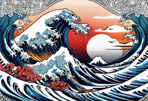 japanese wave mixed in celtic patterns equally. surfer tattoo idea