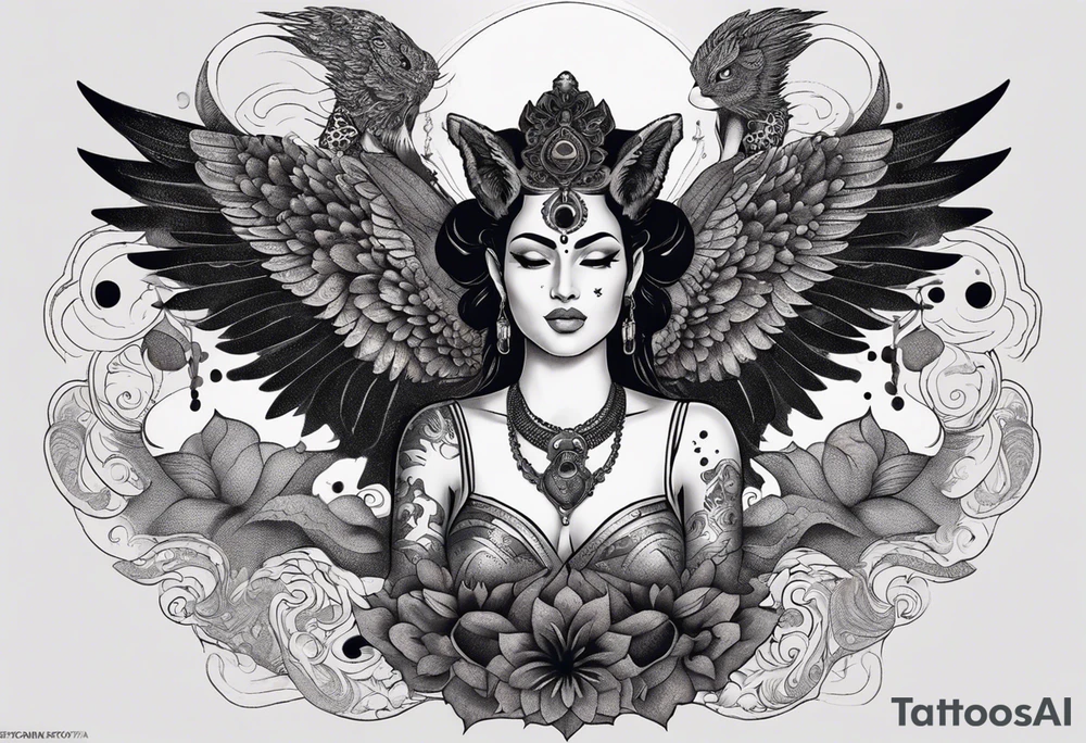 black kali, goddess pirate, alien, angel, pachamama, valkrye, warrior, flying, skull, lotus azul, wing, eagle, zenza resonance, stars, 5D, anahata chakra, death, durga, riding on a tiger, flying lady, kundalini, chest tatoo, samuri, rebel,serpent tattoo idea