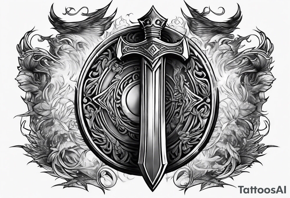 Valhalla sword shield axe mist fog tattoo idea