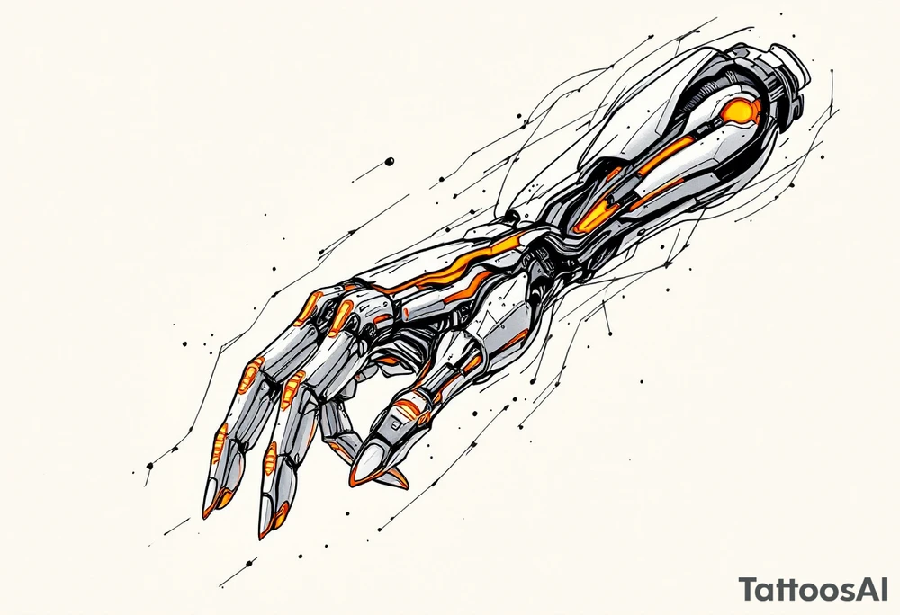 A half-human, half-robot hand in skin-tone fading into steel grey with glowing orange veins. tattoo idea