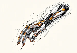 A half-human, half-robot hand in skin-tone fading into steel grey with glowing orange veins. tattoo idea