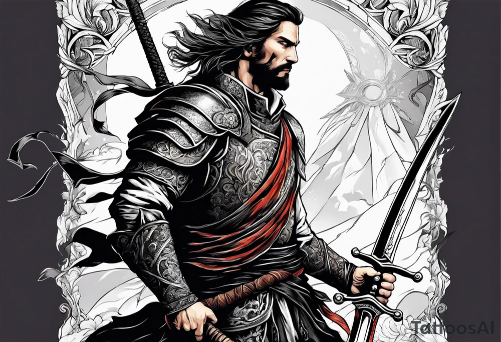 Man with a sword at the War
With bood tattoo idea