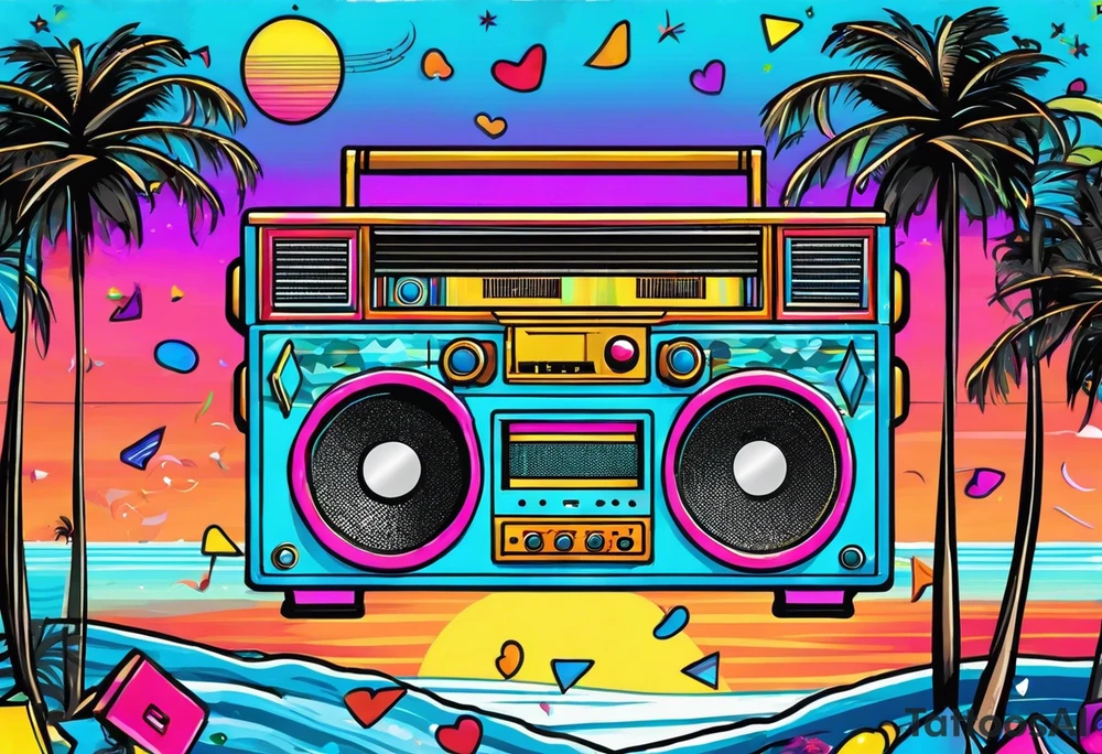 1980's style big boom box mith confetti, and music notes in the air, sound waves against miami vice style beach background, include sexy party goers tattoo idea