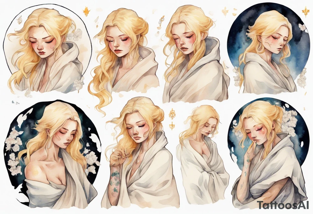 a sad blonde woman with a white cloak tattoo idea