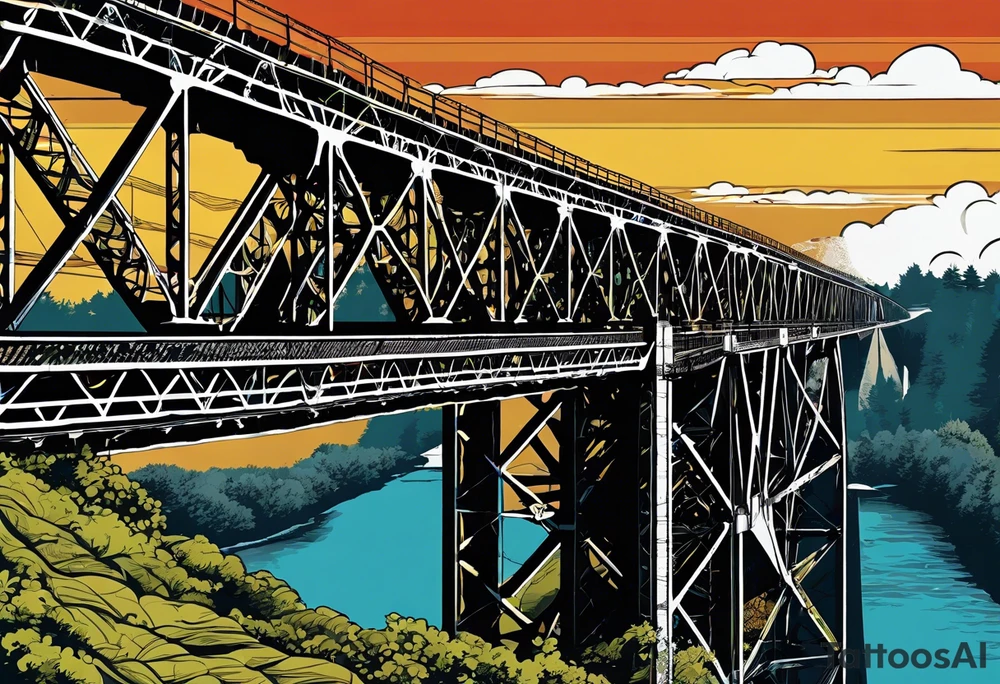 70's poster art, pop art, simple, view from under steel truss cantilever bridge tattoo idea