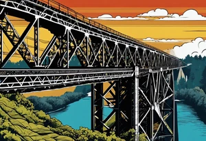 70's poster art, pop art, simple, view from under steel truss cantilever bridge tattoo idea