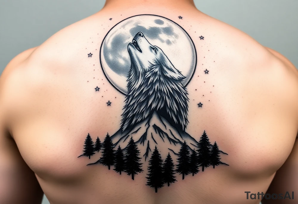 powerful majestic howling wolf to the big moon at the top, add some stars, there should be a mountain at the bottom with trees. the tattoo should on the shoulder. it needs to be very detailed and realistic. tattoo idea