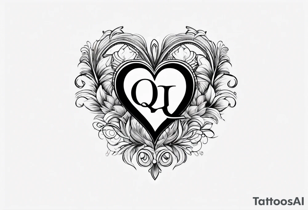 A black heart design, with the letter Q embedded in the center. tattoo idea