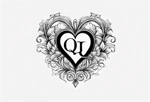 A black heart design, with the letter Q embedded in the center. tattoo idea