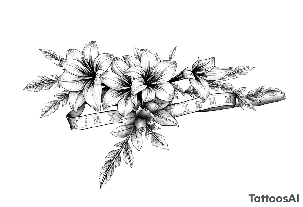 narcissus flowers and holly with 2 bands with roman numerals around them tattoo idea