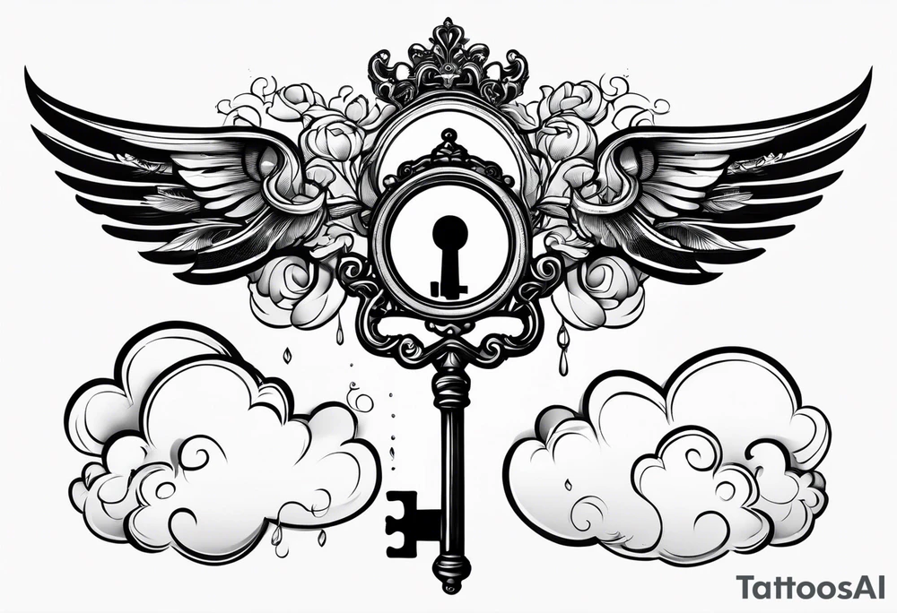 old school key on top of a floating cloud tattoo idea