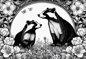 Trippy, pair of badger siblings in a field of flowers one holding a cigar and the other holding a lighter tattoo idea