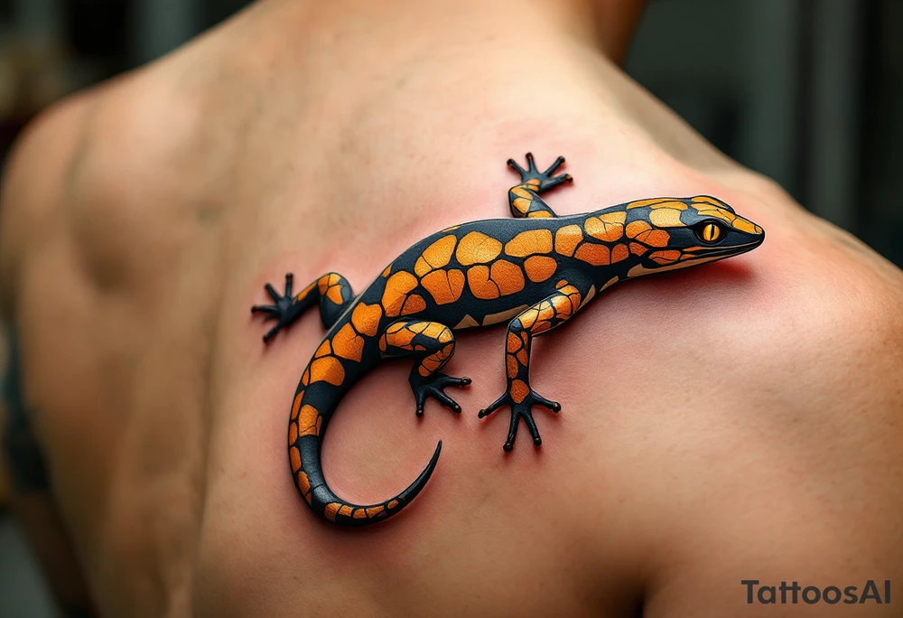 Tribal desert lizard with cracked earth texture – A sleek, agile lizard in motion, designed with tribal curves and sharp angles along its spine. Its skin mimics the pattern of sunbaked, cracked earth, blending tones of burnt orange, dusty brown, and charcoal black. The tail coils elegantly, forming a spiral, while the eyes gleam in golden yellow, symbolizing survival, transformation, and primal instincts. tattoo idea