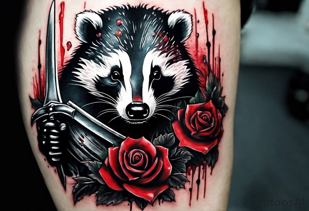 Draw me psychopath badger/Warrior with aggressive full body, killer face with a smile, very long nails and he attacks like a Bloody Gladiator to us and also, he has very deadly looking. He fights with his nails. Everybody scares after their first sight. Give me horror type Badger Tattoo. tattoo idea