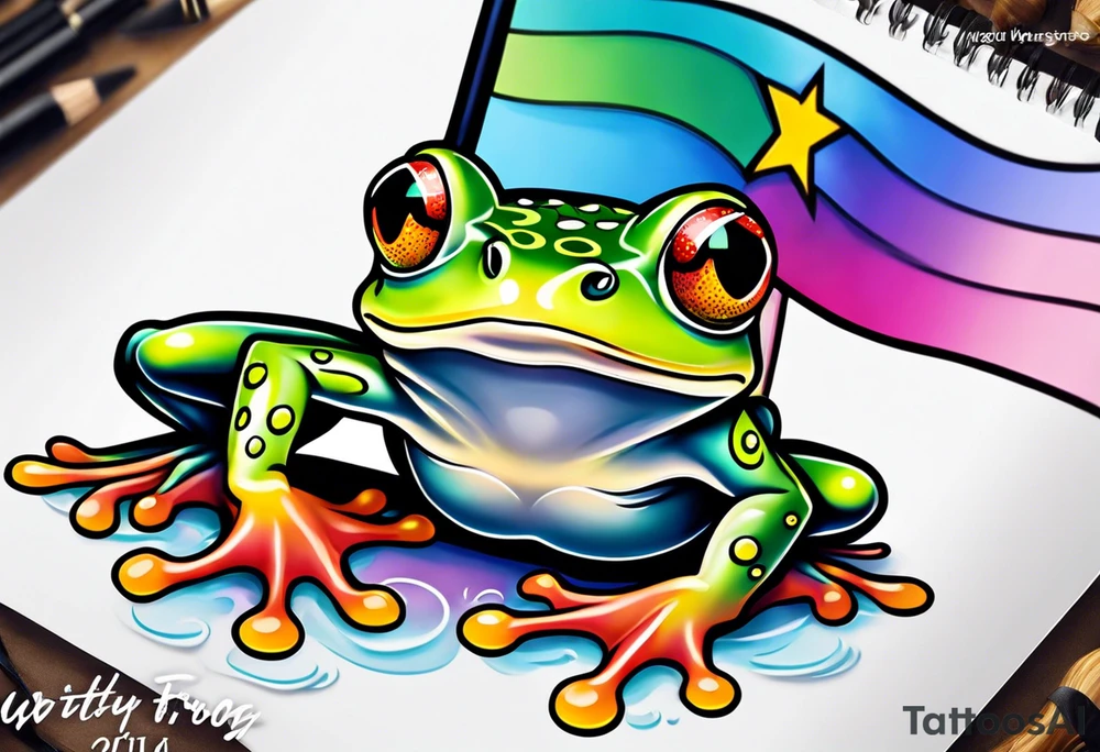 Small frog with pride flag tattoo idea