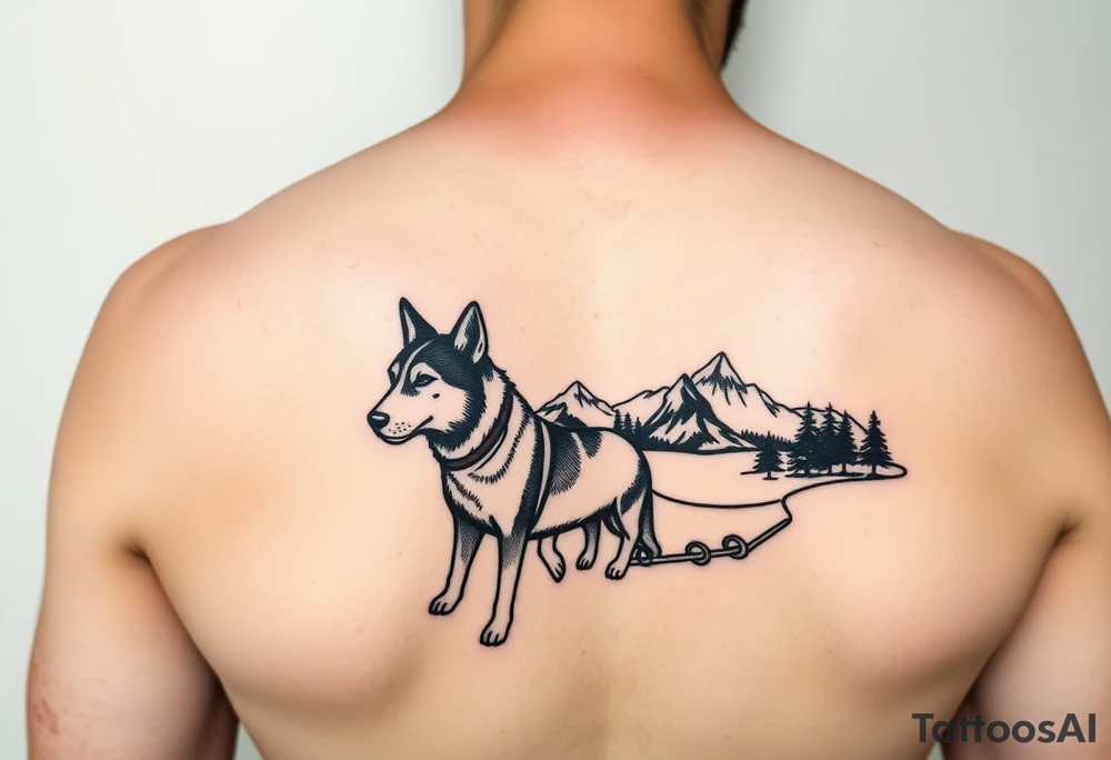 Sled dogs from a side viewwith sled and northern lights and mountains tattoo idea