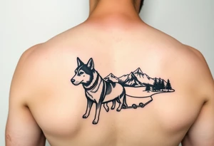 Sled dogs from a side viewwith sled and northern lights and mountains tattoo idea