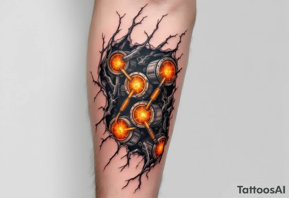 A ripped-skin illusion showing carbon fiber muscles and glowing orange pistons in motion. tattoo idea