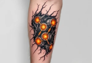 A ripped-skin illusion showing carbon fiber muscles and glowing orange pistons in motion. tattoo idea