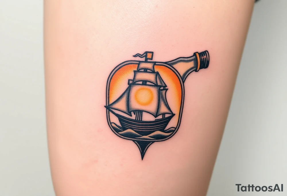 A bottle with a tiny ship trapped inside, representing the Black Pearl, with golden sunlight reflecting off the glass tattoo idea