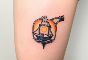 A bottle with a tiny ship trapped inside, representing the Black Pearl, with golden sunlight reflecting off the glass tattoo idea