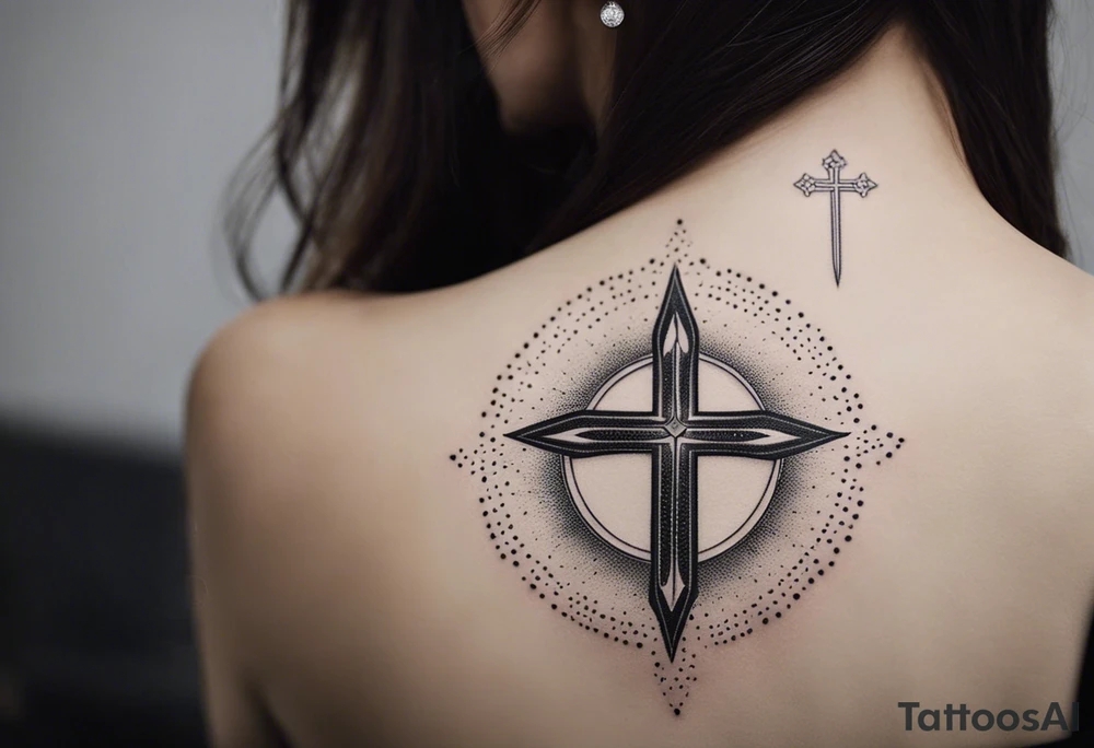 Tattoo: A refined cross with a soft halo on top of it, symbolizing light and spirituality. Delicate rays extend outward from the halo, adding a subtle glow and depth. The cross itself is simple and elegant, with potential for small, intricate line details within the design. tattoo idea