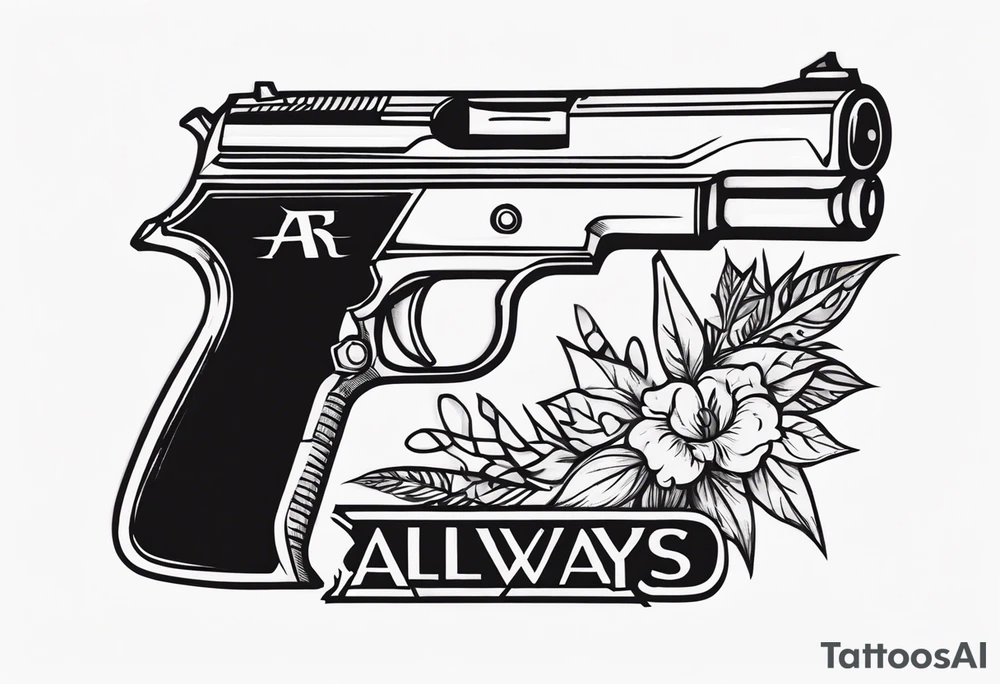 The letters AR with a pistol on each side and the word always on the top and ready on the bottom tattoo idea