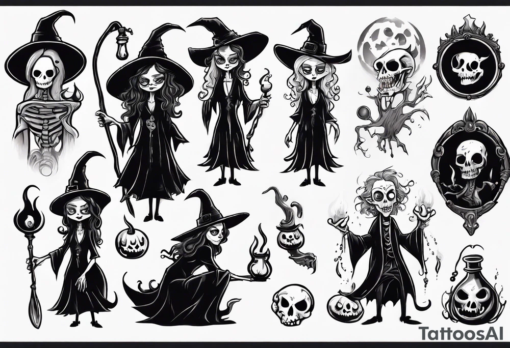 a Tim Burton-style witch necromancer tattoo idea