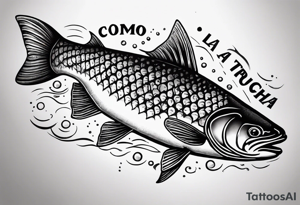 A small tattoo with a shaded trout and text that says, 'Como la trucha...' drawn with fine lines." tattoo idea