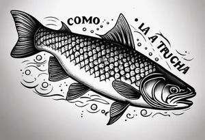 A small tattoo with a shaded trout and text that says, 'Como la trucha...' drawn with fine lines." tattoo idea