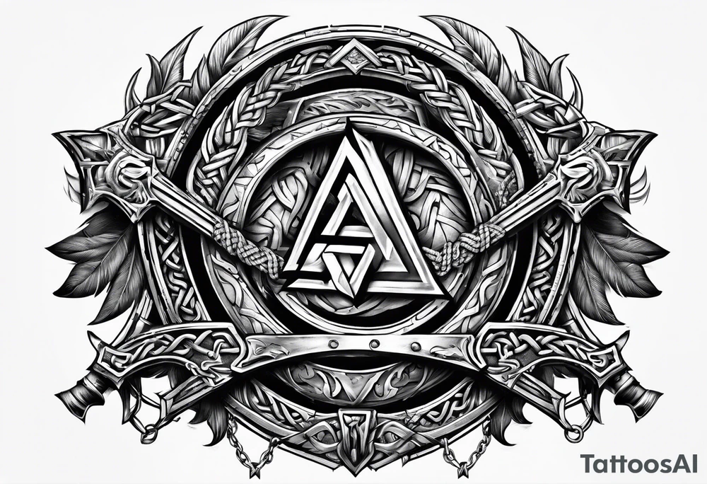 Valhalla sword shield  axe Valknut barbed wire chains tattoo idea