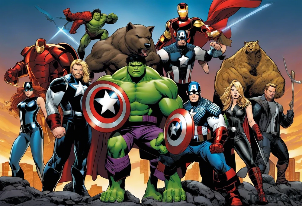 I want to change Avengers Team characters with animals. Hulk will be represented by a Badger.
Thor will be depicted as an Alpha Grey Wolf.
Captain America will be symbolized by a Bull.
Iron Man's character will be embodied by a Canary.
Black Widow's role will be portrayed by an Axolotl.
Hawkeye will be depicted as a Sudan Plated Lizard.
Nick Fury will be represented by a Cat. tattoo idea