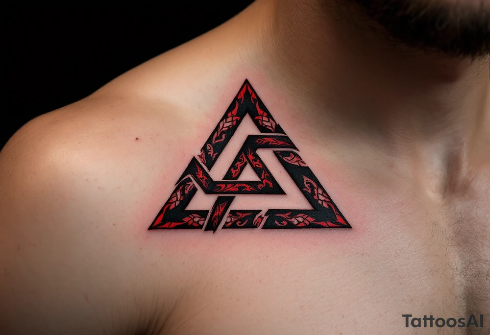 A bold tribal-style triquetra, filled with deep red and black patterns tattoo idea