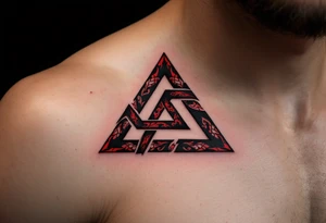 A bold tribal-style triquetra, filled with deep red and black patterns tattoo idea